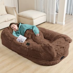 Oversized Human Dog Bed For Adults & Pets, 71 In X45 In X 12 In Ultra Soft Faux Fur Lounger, Washable Floor Bed With Orthopedic Support, Pillow & (Option: Coffee)