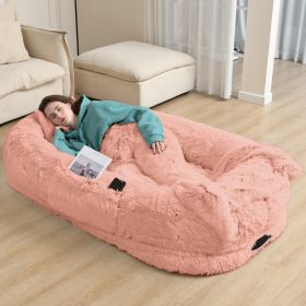 Oversized Human Dog Bed For Adults & Pets, 71 In X45 In X 12 In Ultra Soft Faux Fur Lounger, Washable Floor Bed With Orthopedic Support, Pillow & (Option: Pink)