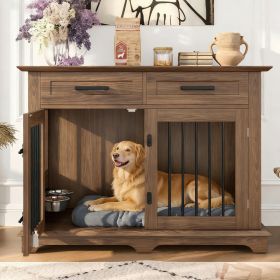 44.48" Large Dog Crate Furniture, Indoor Wooden Dog Kennel End Table with 2 Storage Drawers and Rotating Bowls (Color: Brown)
