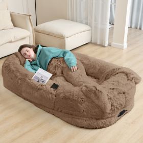 Oversized Human Dog Bed For Adults & Pets, 71 In X45 In X 12 In Ultra Soft Faux Fur Lounger, Washable Floor Bed With Orthopedic Support, Pillow & (Option: Khaki)