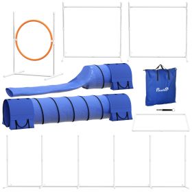 7pc Agility Training Equipment for Dogs w/ Tunnels, Weave Poles Adjustable Hurdle, Jumping Ring, Pause Box, Blue (Option: Blue-640x200x640 mm)