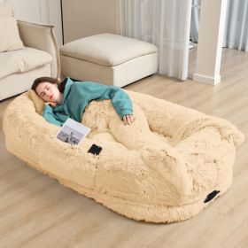 Oversized Human Dog Bed For Adults & Pets, 71 In X45 In X 12 In Ultra Soft Faux Fur Lounger, Washable Floor Bed With Orthopedic Support, Pillow & (Option: Beige)