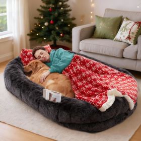 Oversized Human Dog Bed For Adults & Pets, 71 In X45 In X 12 In Ultra Soft Faux Fur Lounger, Washable Floor Bed With Orthopedic Support, Pillow & (Option: DarkGrey Christmas)